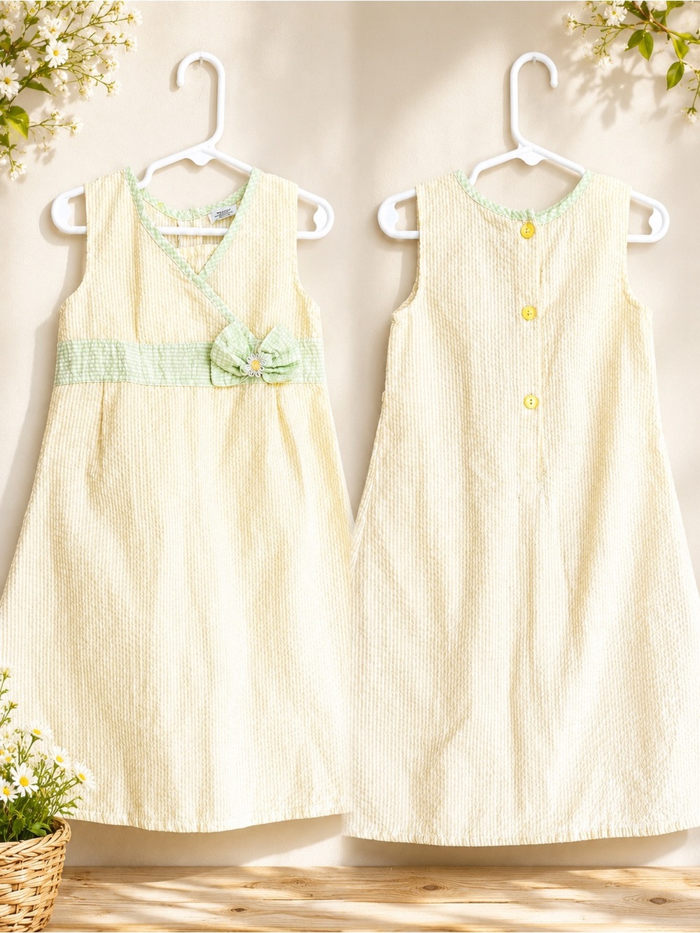 Fisher Price Vintage Seersucker Daisy Green/Yellow/Cream Dress Toddler Girl 4T